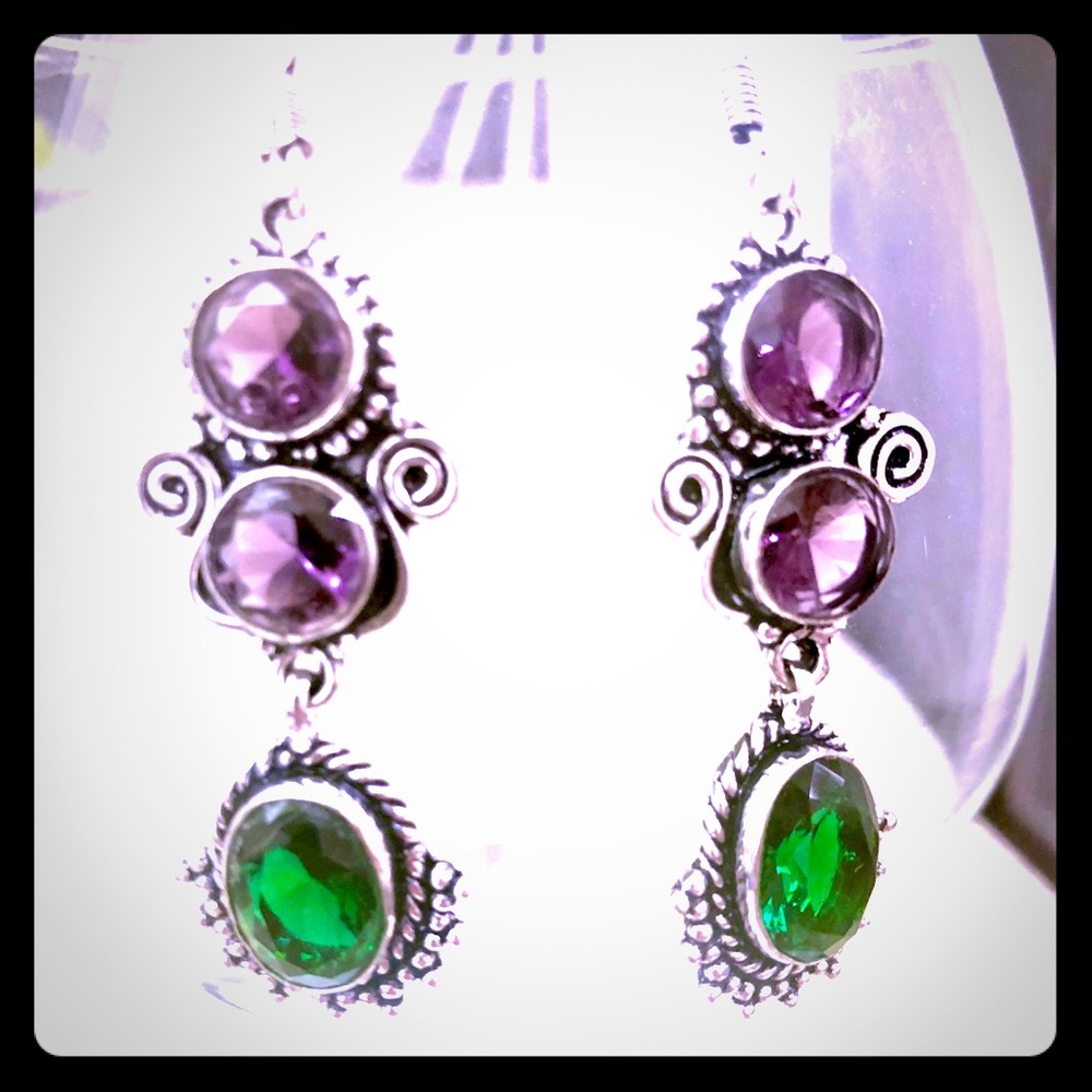 NWOT SS Purple & Green Stained Glass Earrings